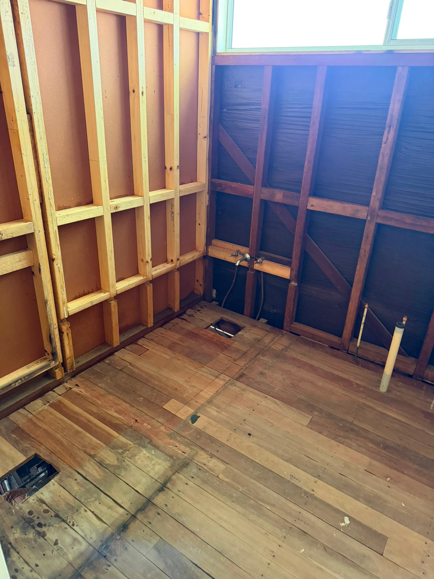 Bathroom strip-out in Gympie, South East Queensland, stripped back to timber framing and floorboards